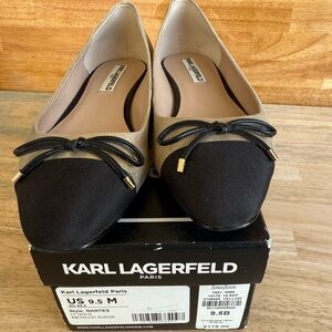 Karl Lagerfeld Paris Nantes Cap Toe Ballet Flats Metallic Gold Black Bow Sz 9.5
